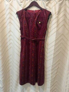 Mageee Vintage 70s Shift Dress M Burgundy Geometric Knit Pocket Midi W/ Belt